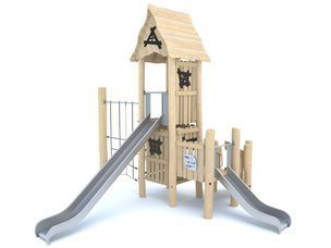 Căsuță cu tobogan și structură de frânghii din salcâm pentru loc de joacă - BGL-8173
