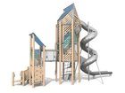 Două turnuri din lemn de salcâm conectate între ele, echipate cu tobogane și joc educativ. - BGL-8353 imagine 2