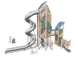 Două turnuri din lemn de salcâm conectate între ele, echipate cu tobogane și joc educativ. - BGL-8353