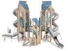 Două turnuri mari conectate cu unul mic din lemn de salcâm, echipate cu tobogane și joc educativ - BGL-8354 imagine 2